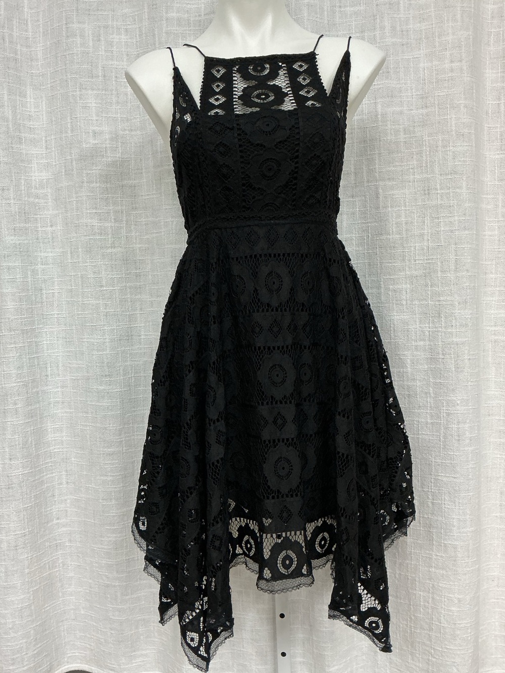 Free People Black Asymmetrical Lace Spaghetti Strap Dress